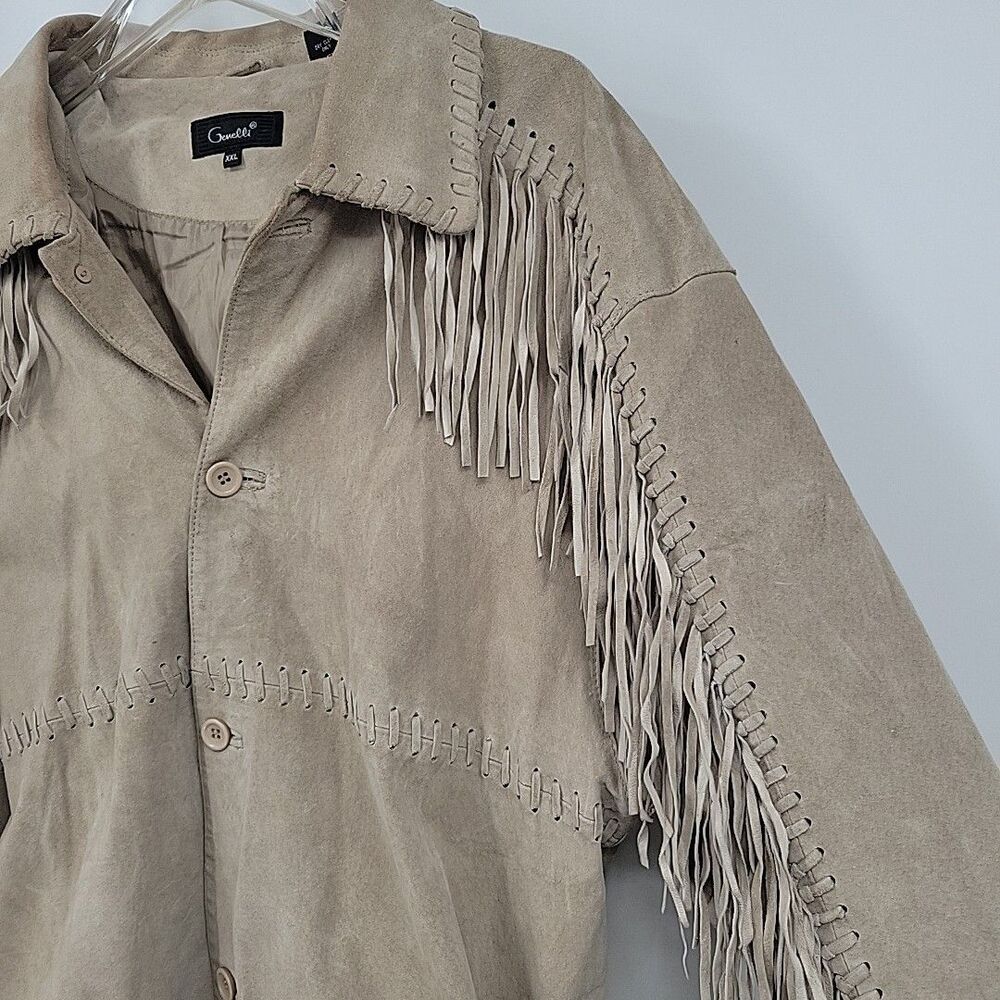 Genelli Mens Leather Fringe Jacket Size XXL Blonde Tan Coat Vintage - Picture 5 of 16